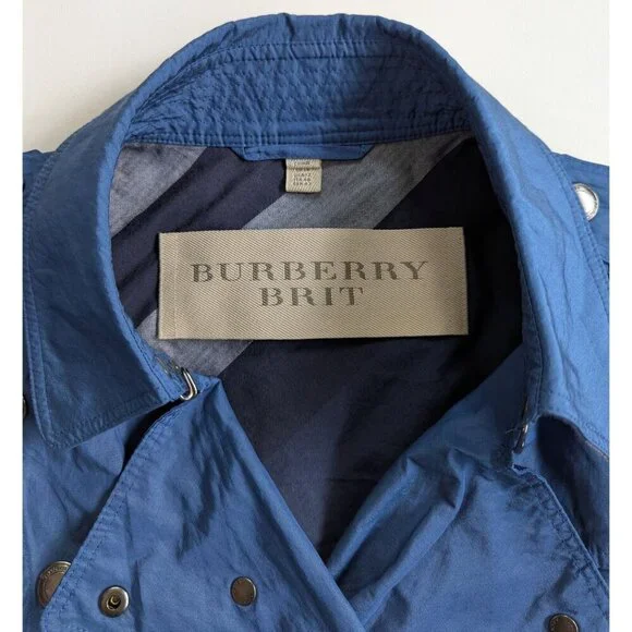 Burberry Brit Blue Women’s Sz 12 Double Breasted Short Trench Coat Lightweight - Picture 4 of 16